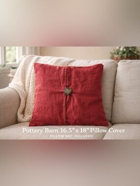 Pottery Barn Red Textured Linen Throw Pillow Cover 16.5" x 18" Button Accent